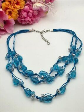 Blue Glass Teardrop Layered Necklace 3 Strand Beaded Adjustable 19 In adj.